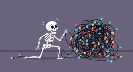 This humorous flat design illustration depicts a skeleton comically struggling to untangle a ball of Christmas lights, adding a relatable and funny twist to Halloween decorating. 