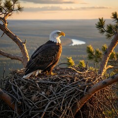 Bald Eagle Perched in Nest at Sunset - A Majestic Wildlife Scene.