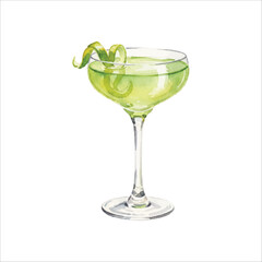 Watercolor Gimlet Cocktail Illustration on White Background
