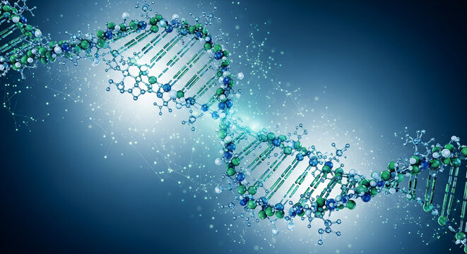 Abstract visualization of DNA double helix structure, representing genetic code and biotechnology