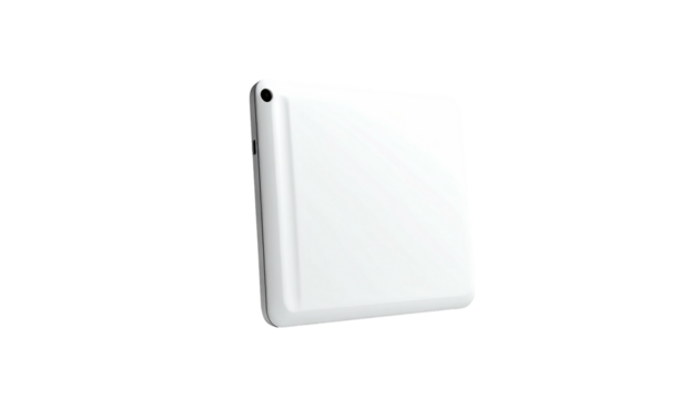 Angled view of a white, sleek, rectangular electronic device on a black background