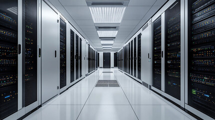Modern data center interior in white, gold, and silver tones with black server racks, symbolizing cloud computing, network infrastructure, cybersecurity, and internet hosting.
