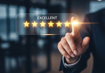 Customer feedback with excellent rating and five stars on a transparent screen.