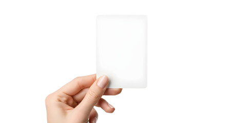 Female hand holding a blank vertical business card or flyer mockup. Isolated on transparent background, png
