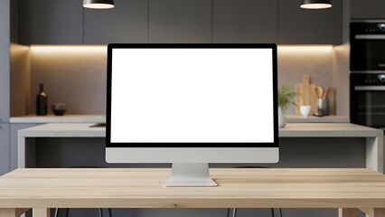Silver Desktop Computer with Blank White Screen on Wooden Table in Modern Kitchen