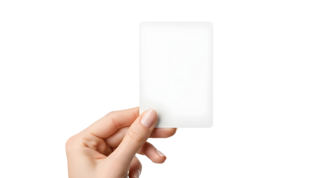 Female hand holding a blank vertical business card or flyer mockup. Isolated on transparent background, png