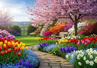 Spring Garden Path - A Vibrant Display of Blooming Flowers and Serene Beauty.