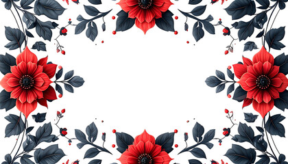Floral frame with red blooms, dark leaves