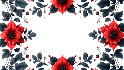 Floral frame with red blooms, dark leaves
