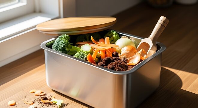 Stainless Steel Kitchen Compost Bin Filled with Food Waste, Ideal for Sustainable Living, Eco-Friendly Waste Management, and Promoting Composting Practices in Home Environments.