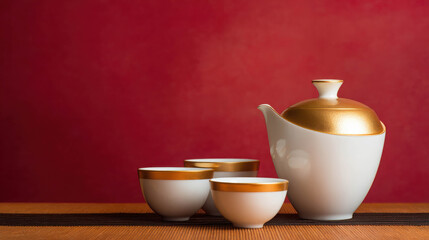 Elegant Minimalist Scene of Chinese Tea Set Featuring Golden Accents on a Rich Red Background