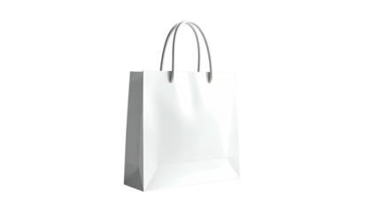 A simple white shopping bag with loop handles against a stark black background
