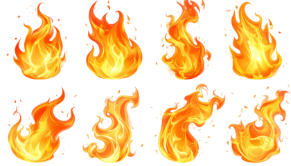 Eight stylized bright orange flames