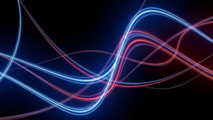 Abstract Light Trails Waving Neon Blue and Red on Dark Background