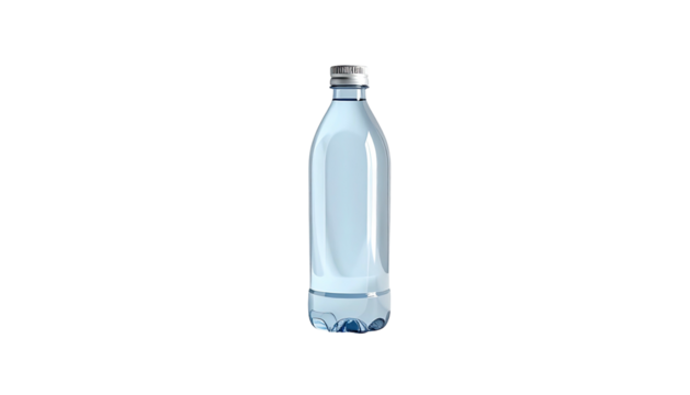 A transparent water bottle on a black background, with a silver cap