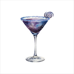Galaxy Glitter Cocktail Watercolor Illustration on White Background
