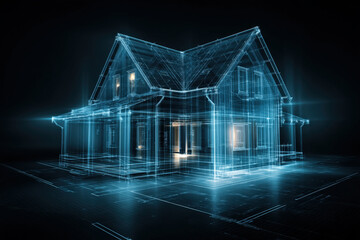 Blueprint grid folding into a 3D translucent house outline with architectural shadows