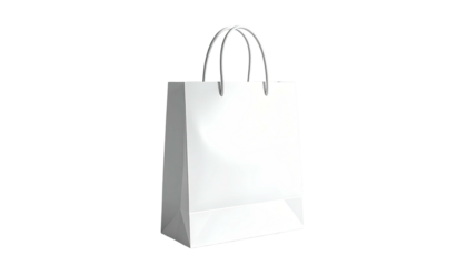 A white paper shopping bag with a handle on a black background