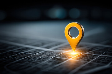 Glowing location pin above minimal map with precise grid lines and soft lighting