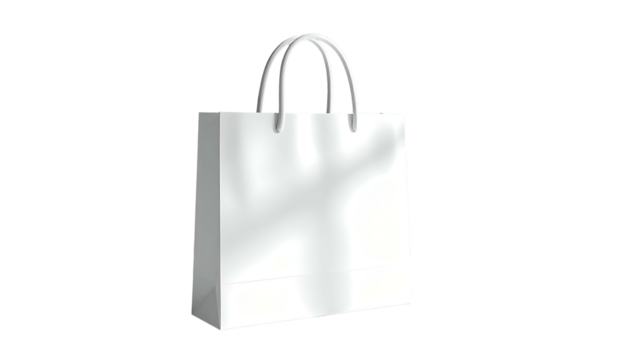 A white paper shopping bag with handles against a black background