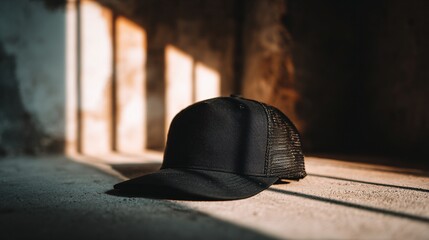 Stylish black trucker hat displayed in stark sunlight on rustic surface, perfect for edgy fashion blog or athletic wear promotion, urban cool aesthetic