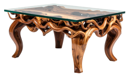 Ornate wood-carved table with glass top