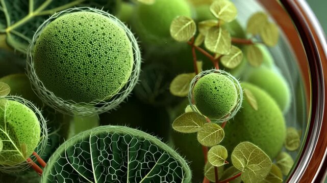 Chlorophyll process concept ,Green plant cell microscopic texture and leaf vein close up showing detailed spherical structures