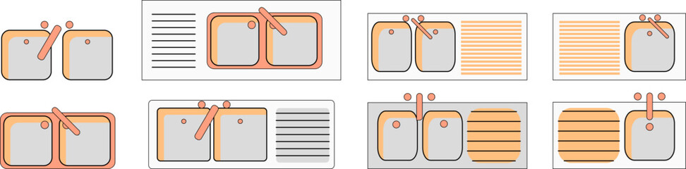 Minimalist kitchen sink and countertop layouts with faucets — ideal for interior design, architectural plans, or UI mockups showing functional kitchen zones.