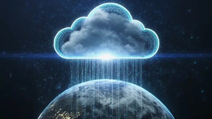 Cloud computing showing the transfer of data from a digital cloud to planet Earth. This illustration represents global networking technology, internet connections, data storage, and security, - Powered by Adobe