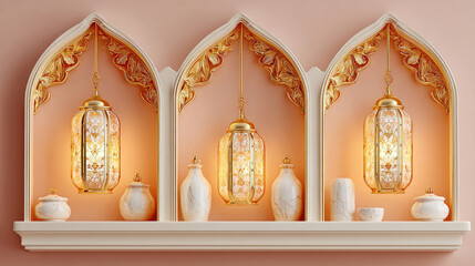 Ramadan Kareem Decoration: Gold Lanterns and Arabic Arches