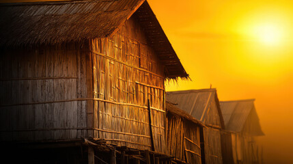 Naklejka premium Golden Sunset Over Old Rural Stilt House Surrounded by Warm Sunlight in a Tranquil Landscape