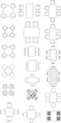 Obraz premium Top-down dining table and chair arrangements — perfect for restaurant, café, or event layout planning with minimalist vector icons showing seating capacity and flow.