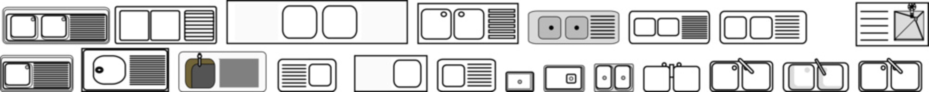 Minimalist line-drawn kitchen appliance icons &mdash; includes stoves, sinks, ovens, fridges, and counters for interior design, floor plans, or UI/UX mockups.