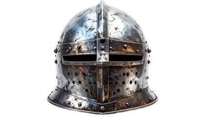 Worn metallic knight's helmet on black