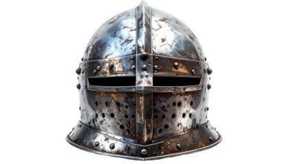 Worn metallic knight's helmet on black