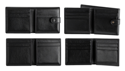 Four black open leather wallets