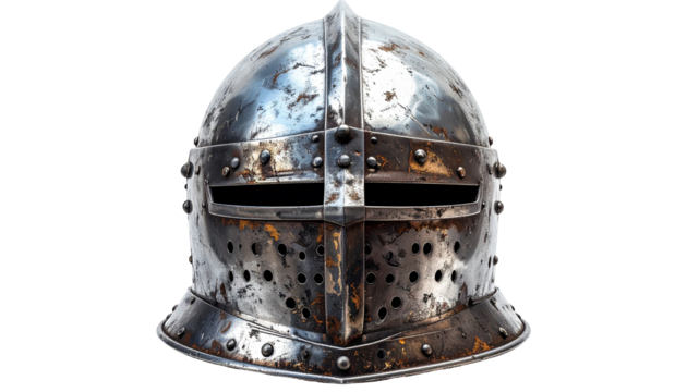 Worn metallic knight's helmet on black