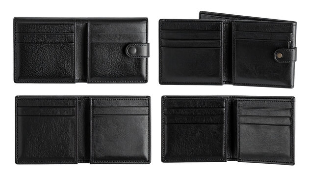 Four black open leather wallets