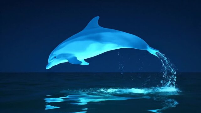 Digitally rendered dolphin leaping from water with glowing neon effect