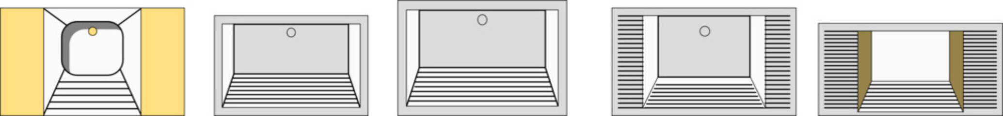 A series of colored top-down illustrations of various kitchen and utility sinks, some with integrated drainboards, highlighting their different configurations.