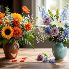 Floral Harmony - Two Vases of Vibrant Blooms on Wooden Table.