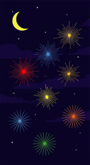 Vibrant Fireworks Display Under Crescent Moon.