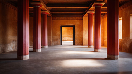 Fototapeta premium Interior of a grand palace hall with vermilion columns and beams illuminated by sunlight creating a warm atmospheric ambiance