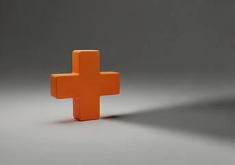 Obraz premium Orange 3D Plus Sign Standing on Gray Surface with Soft Shadow, Minimalist Cross Symbol in Modern Lighting 