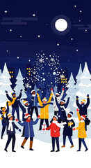 Diverse Group Celebrating Winter Snowfall Under Moonlit Sky.