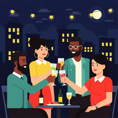 Diverse friends celebrating with drinks on rooftop.