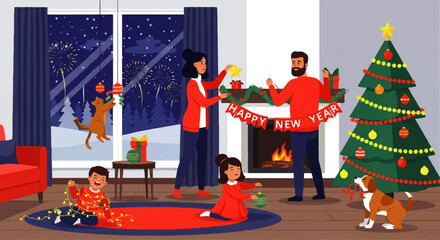 Happy Family Decorating Christmas Tree and Fireplace.