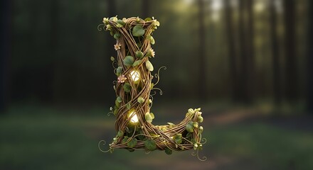 Letter L adorned with vines and lights in a mystical forest setting.