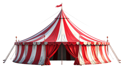 Red and white circus tent stands alone