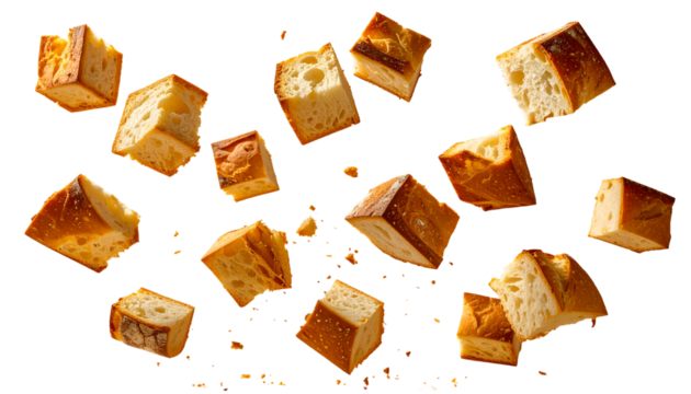 Cubed bread pieces floating in dark - Powered by Adobe